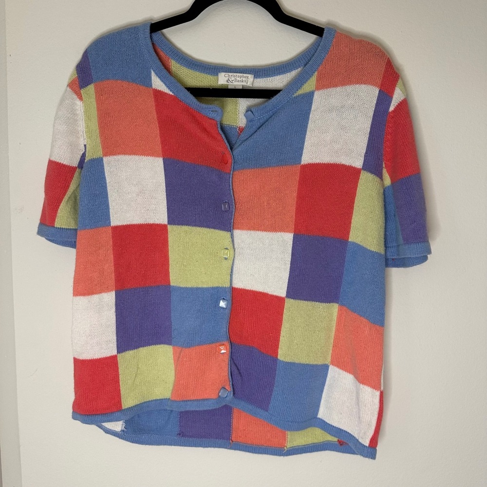 Vintage Grandmacore Bright Bold Short Sleeve Button Up Cardigan Checkered Size L
